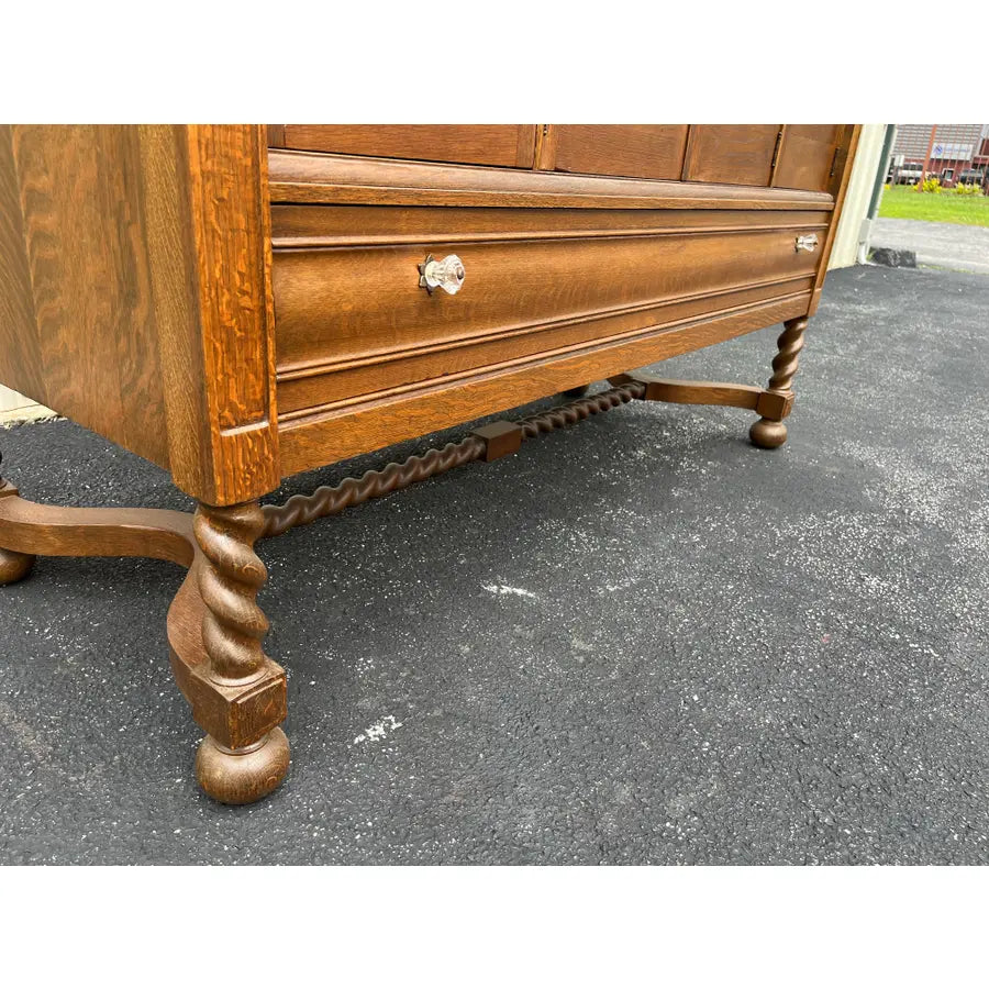 Antique Victorian Quartersawn Oak Barley Twist Sideboard Buffet