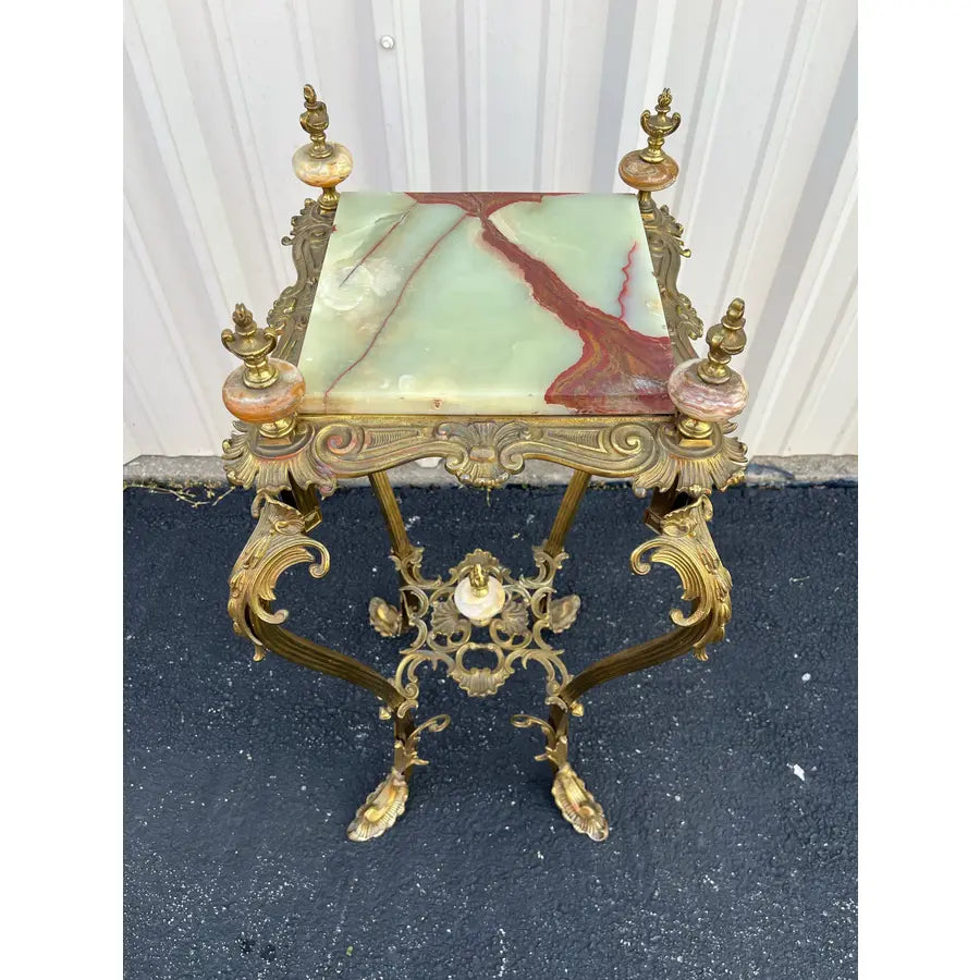 Art Nouveau Onyx and Brass Planter Stand With Polished Finials