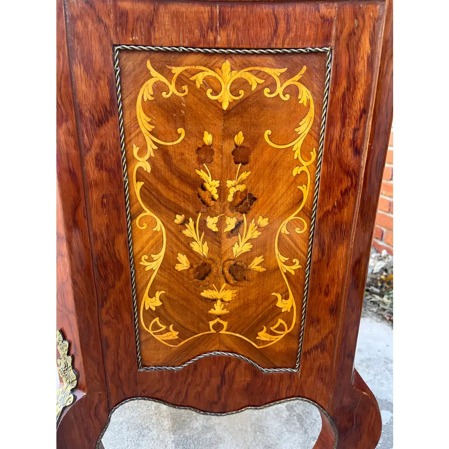 Louis XV Italian Marquetry Cabinet Commode With Brass Ormolu- Green Marble Top