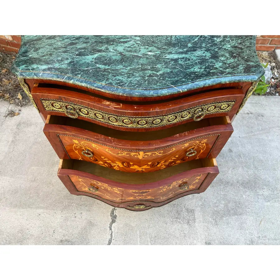 Louis XV Italian Marquetry Cabinet Commode With Brass Ormolu- Green Marble Top