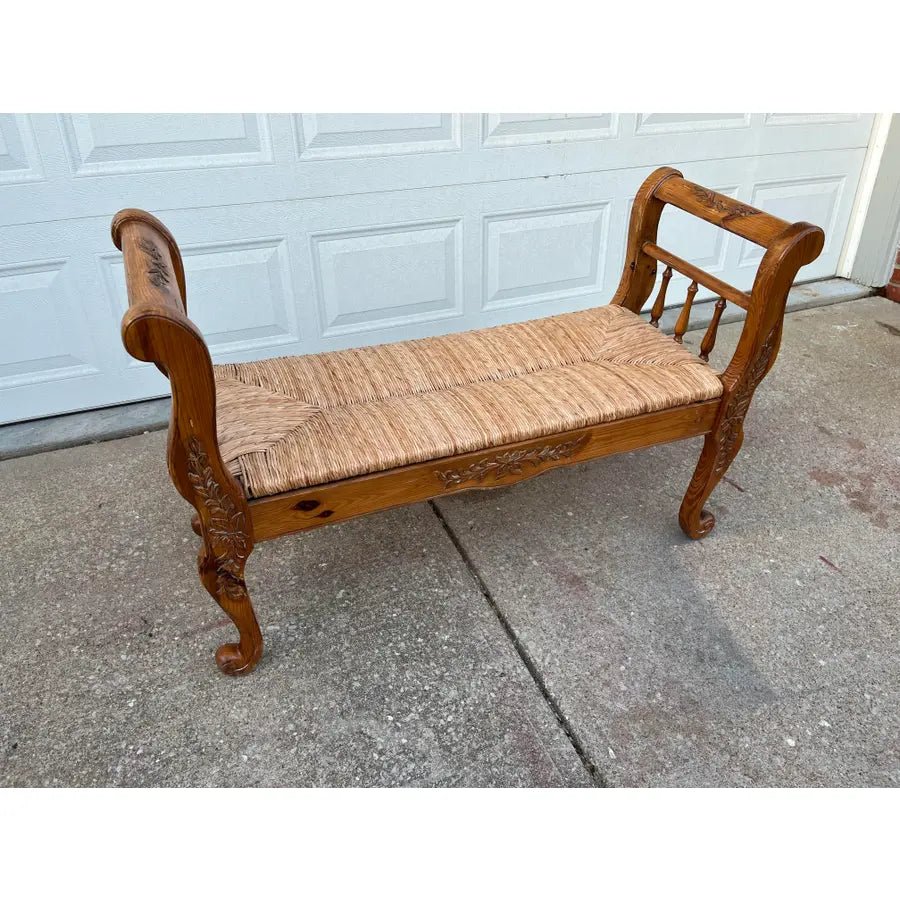 Rustic Farmhouse Carved Maple Bench With Woven Rush Seat