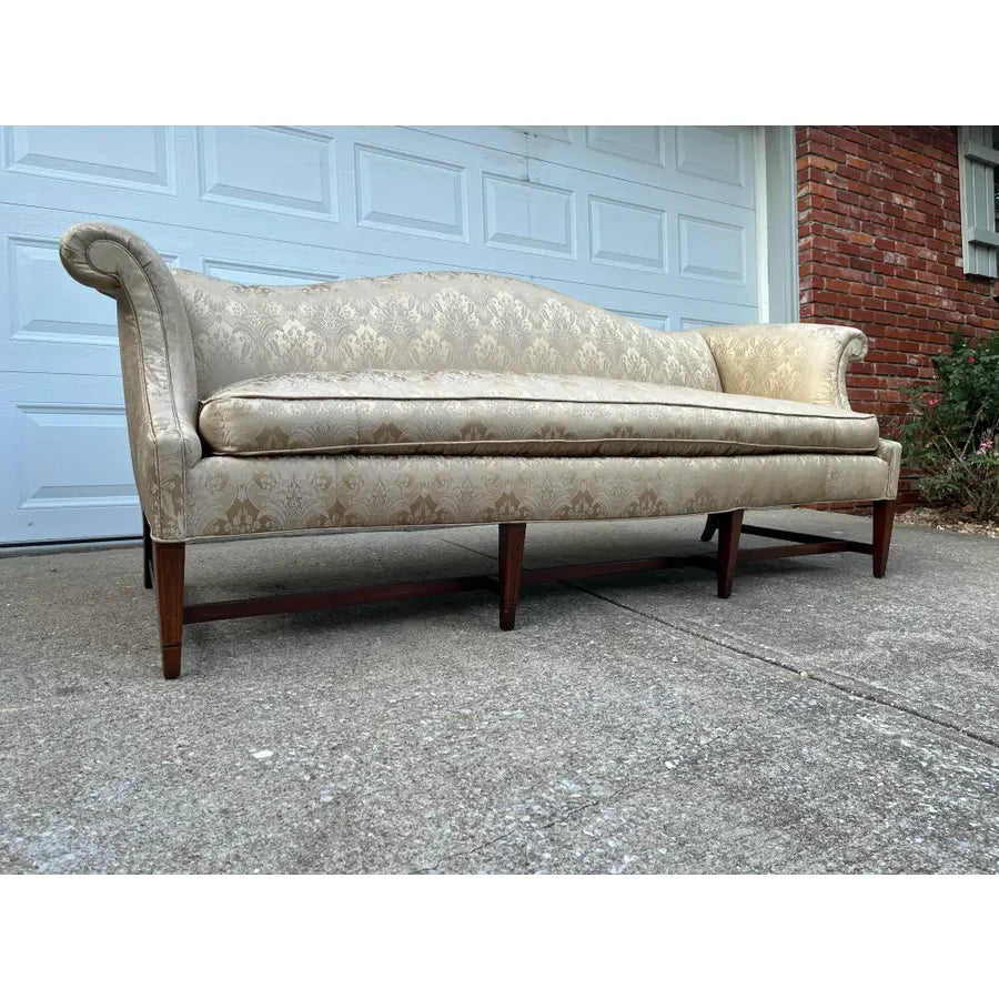 Vintage Down Filled Camelback Sofa- Reupholstered in Golden Cream Damask Silk
