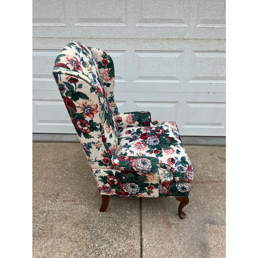 Vintage Bright Floral Queen Anne Wingback Arm Chair