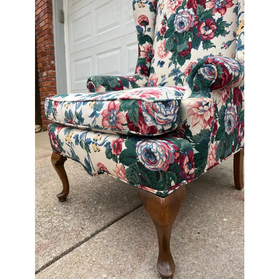 Vintage Bright Floral Queen Anne Wingback Arm Chair