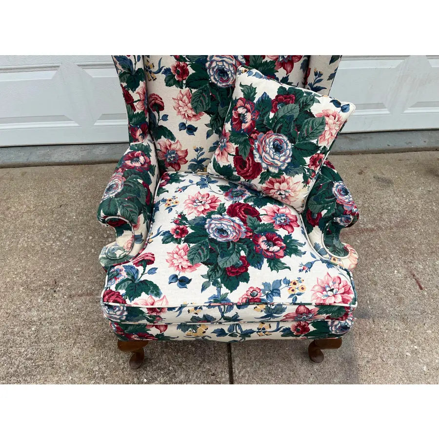 Vintage Bright Floral Queen Anne Wingback Arm Chair