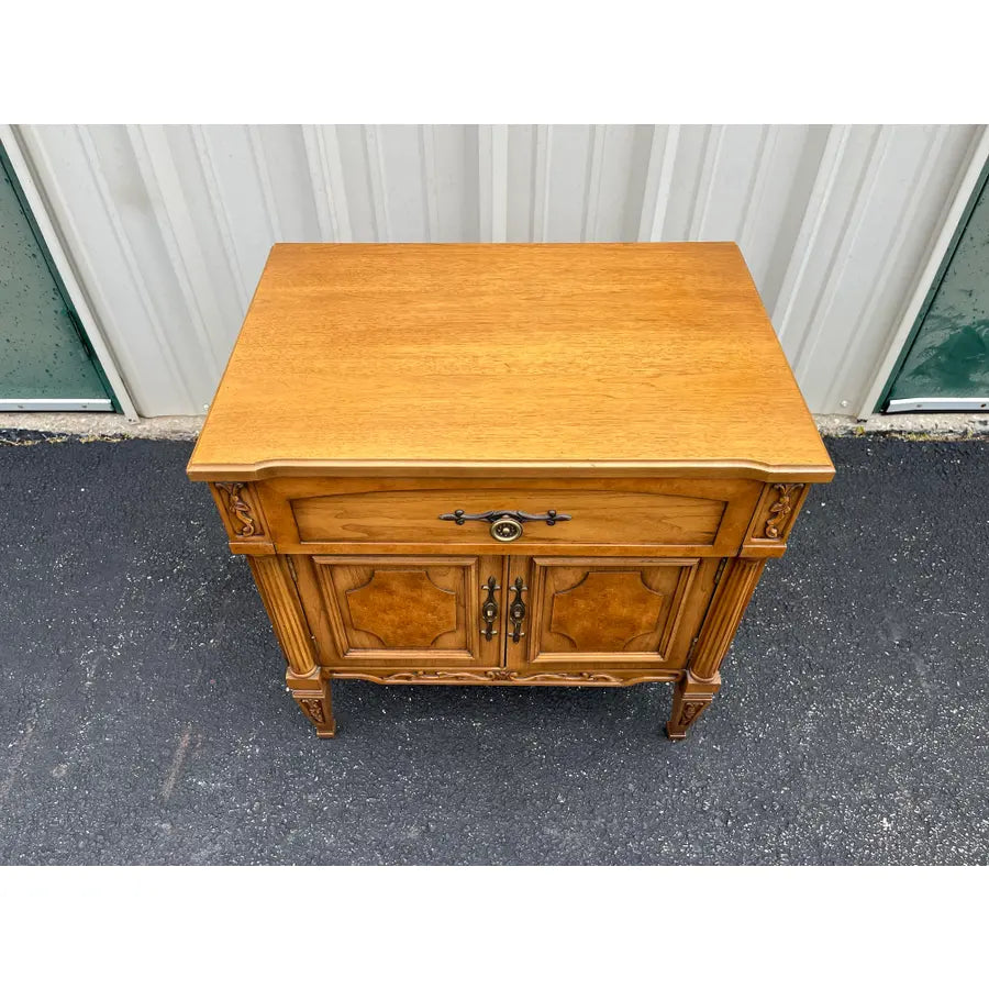 Vintage Neoclassical Fruitwood and Burl Nightstands- A Pair