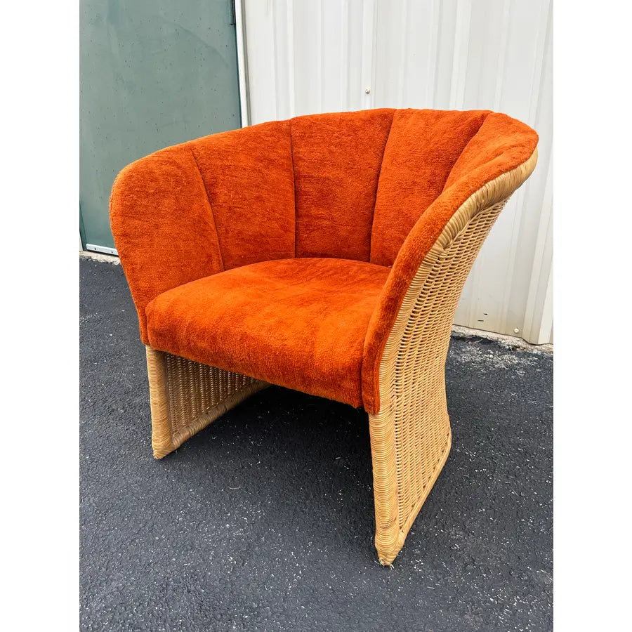 Vintage Sculptural Rattan Barrel Chairs in Original Orange Chenille- A Pair
