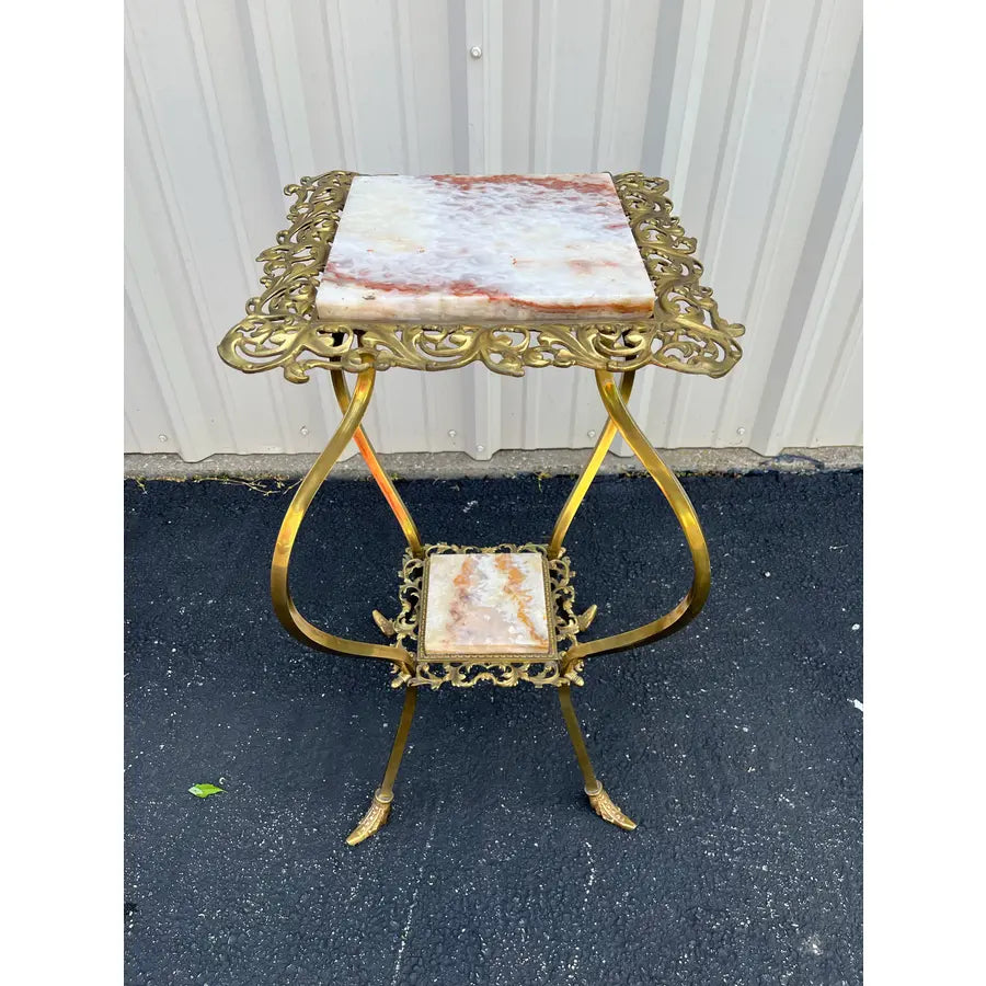 Vintage Two-Tier Brass and Onyx Planter Stand With Gallery