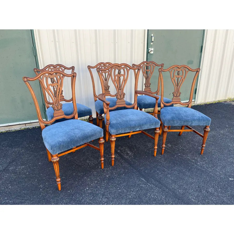 1930s Saginaw Furniture Louis XVI Walnut Dining Chairs- Set of 6 Newly Reupholstered