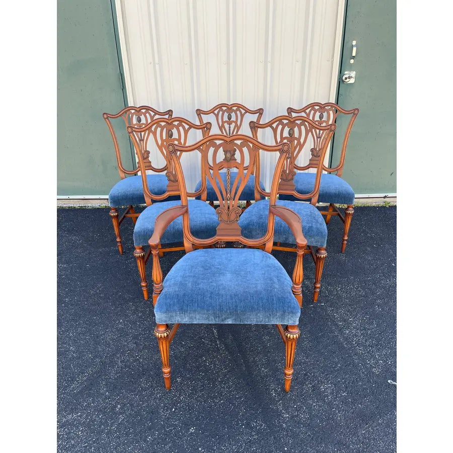 1930s Saginaw Furniture Louis XVI Walnut Dining Chairs- Set of 6 Newly Reupholstered