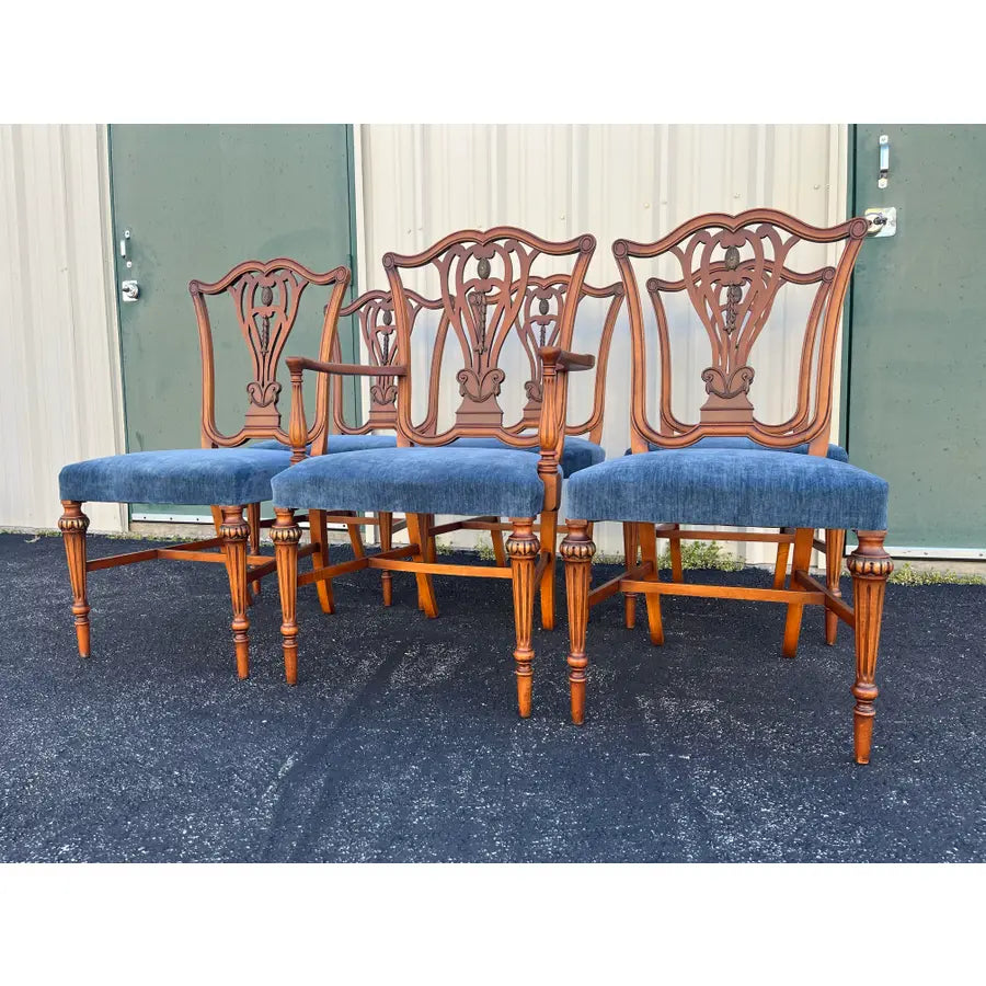 1930s Saginaw Furniture Louis XVI Walnut Dining Chairs- Set of 6 Newly Reupholstered