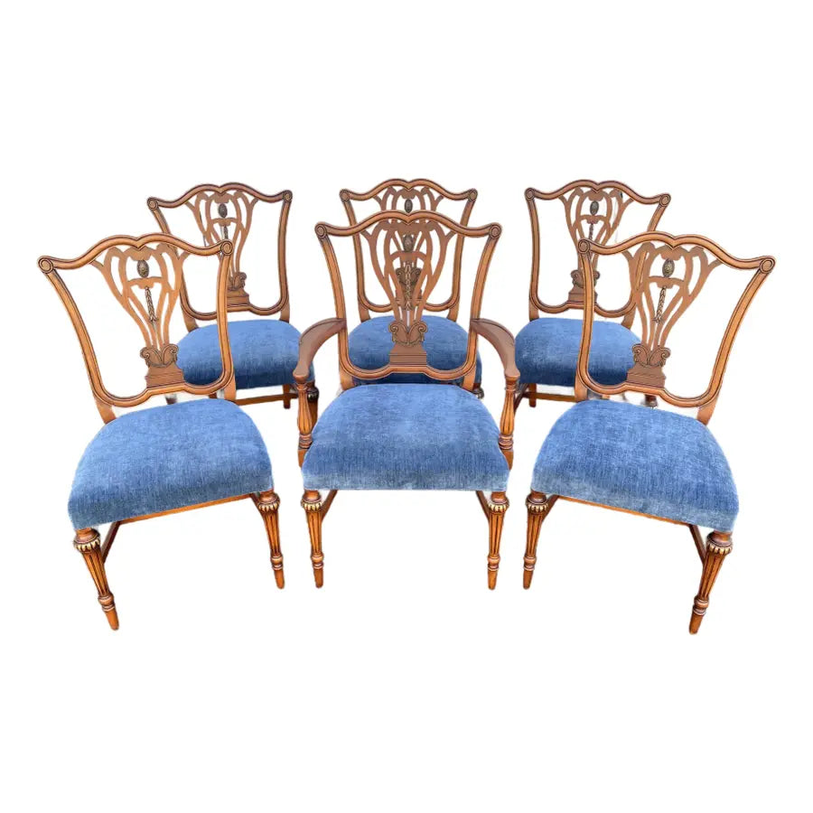 1930s Saginaw Furniture Louis XVI Walnut Dining Chairs- Set of 6 Newly Reupholstered
