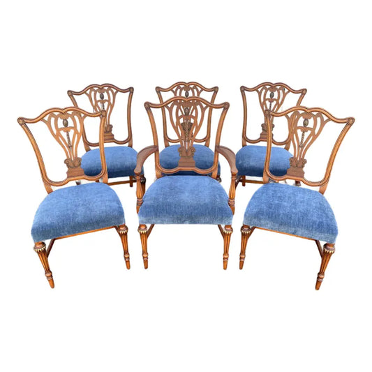 1930s Saginaw Furniture Louis XVI Walnut Dining Chairs- Set of 6 Newly Reupholstered