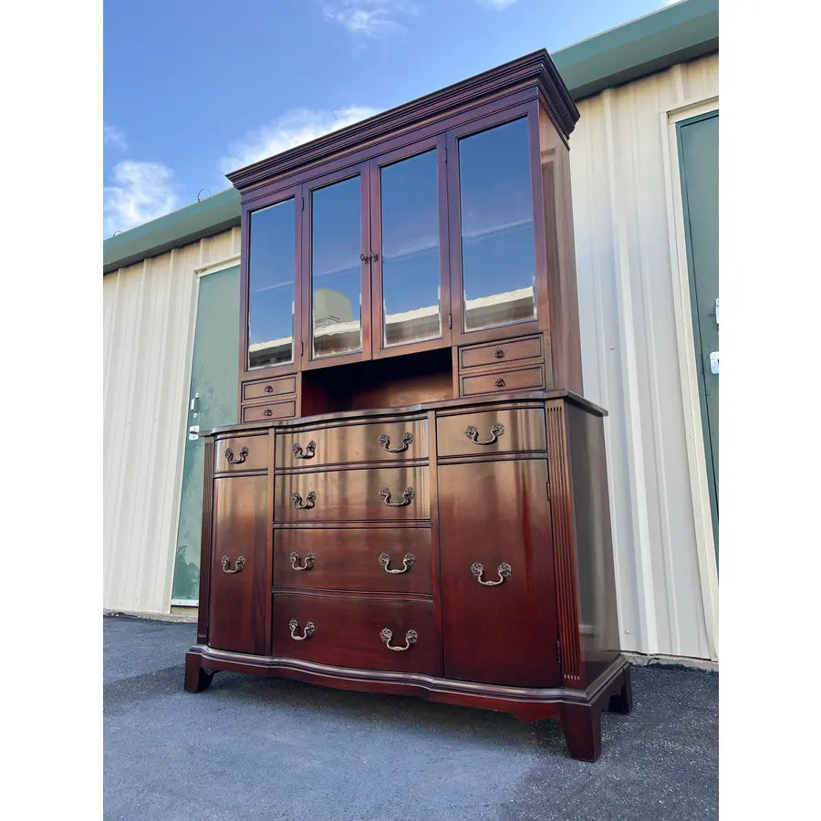 1950s Genuine Mahogany Two Piece Buffet Hutch Display Cabinet by Georgetown Galleries