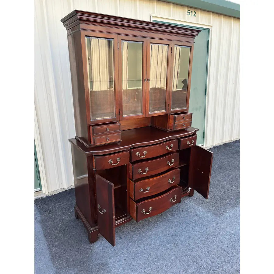 1950s Genuine Mahogany Two Piece Buffet Hutch Display Cabinet by Georgetown Galleries