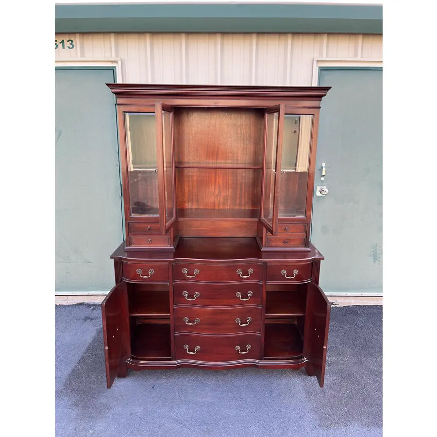 1950s Genuine Mahogany Two Piece Buffet Hutch Display Cabinet by Georgetown Galleries