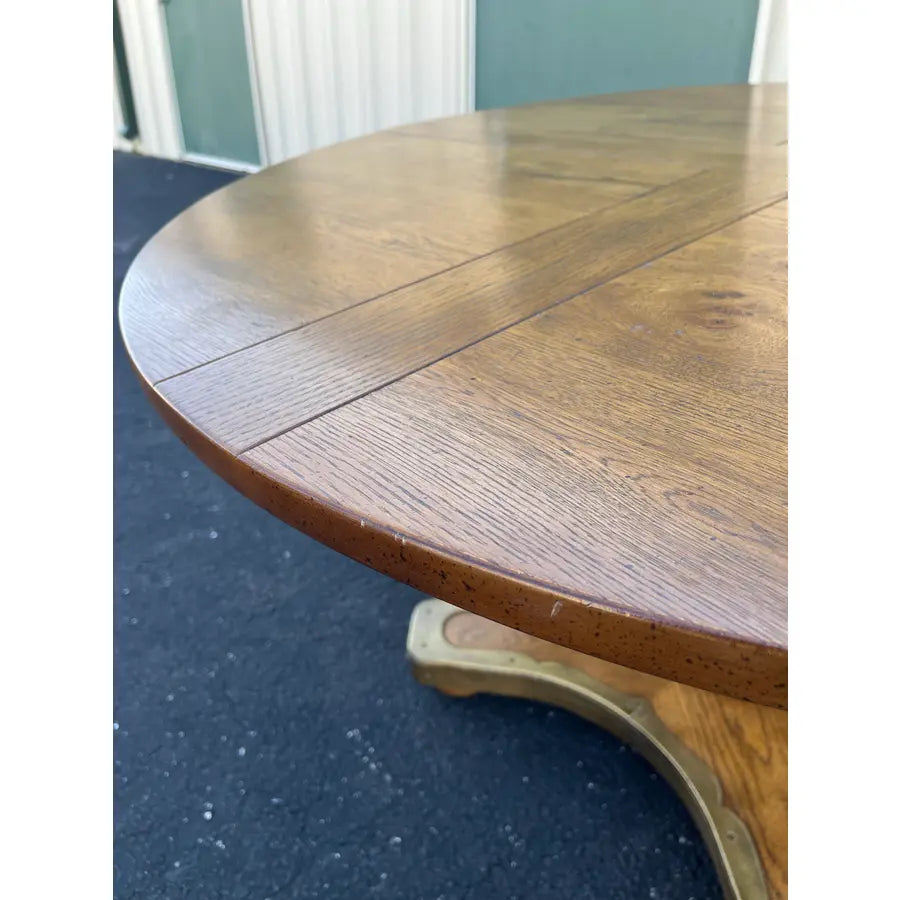 1960s Henredon Round Oak Pedestal Game Table With Brass Accents