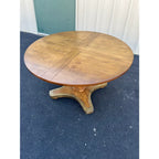 1960s Henredon Round Oak Pedestal Game Table With Brass Accents