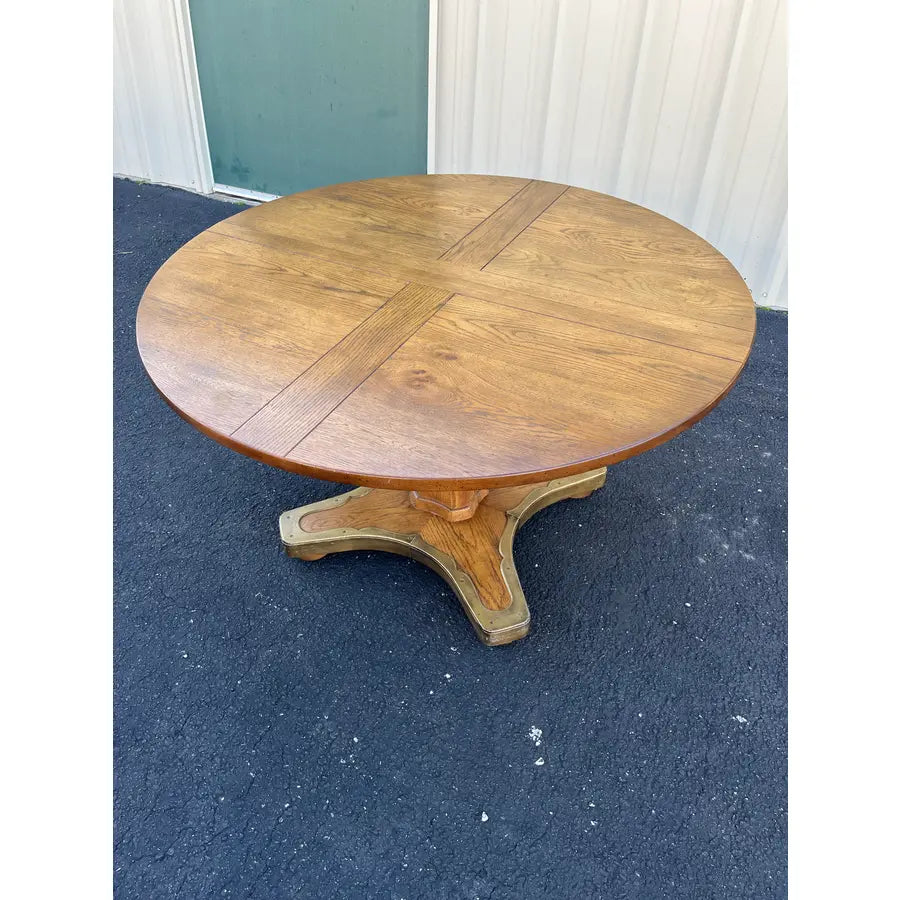 1960s Henredon Round Oak Pedestal Game Table With Brass Accents