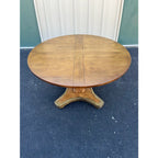 1960s Henredon Round Oak Pedestal Game Table With Brass Accents