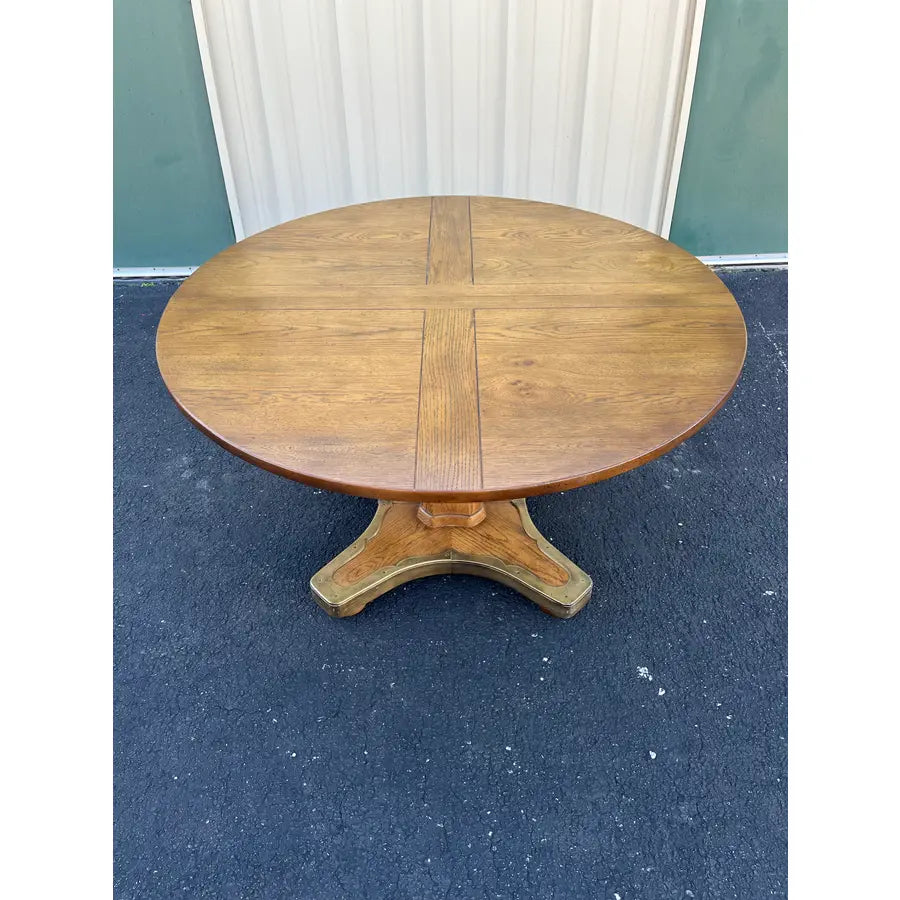 1960s Henredon Round Oak Pedestal Game Table With Brass Accents