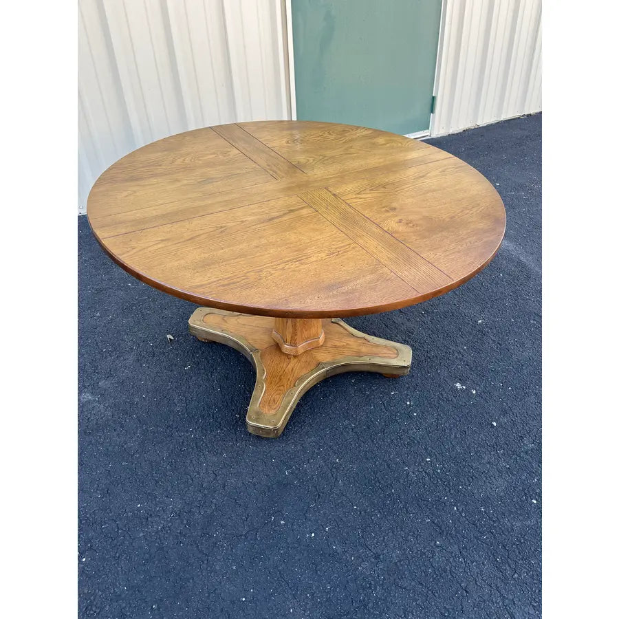 1960s Henredon Round Oak Pedestal Game Table With Brass Accents