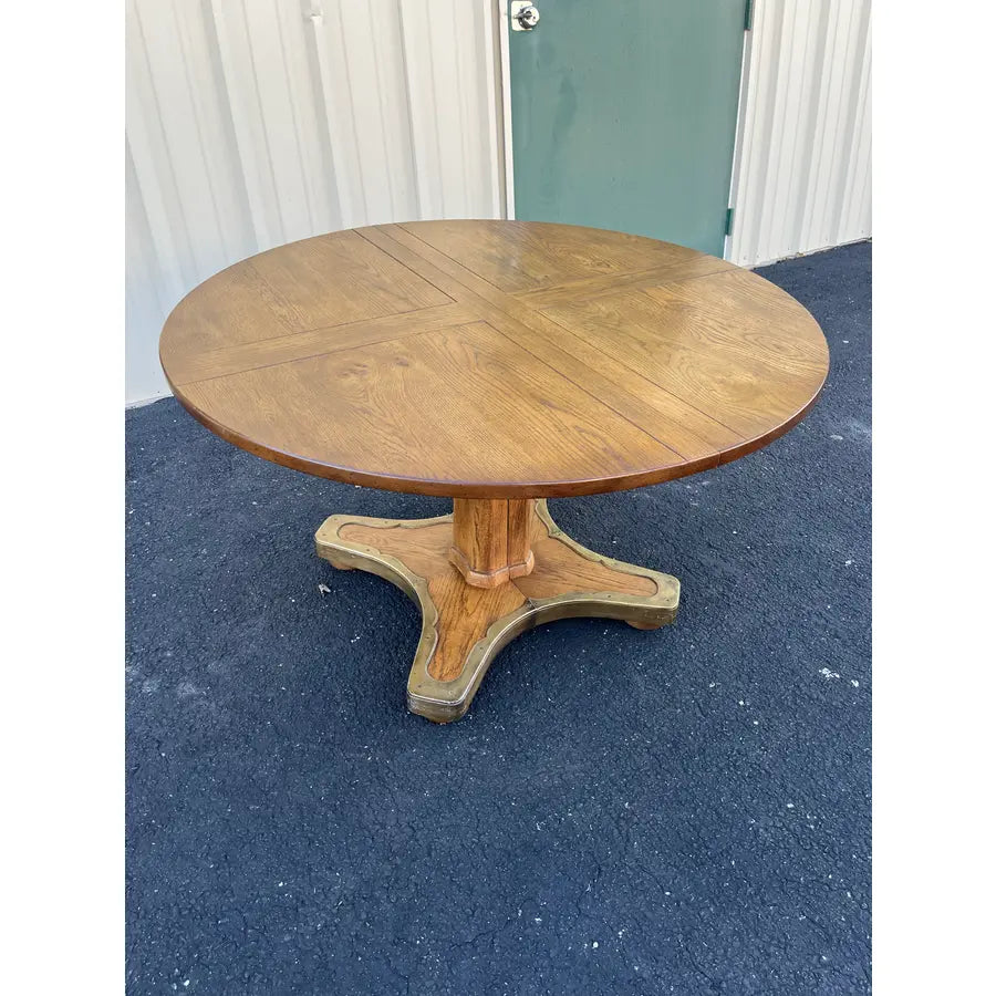 1960s Henredon Round Oak Pedestal Game Table With Brass Accents