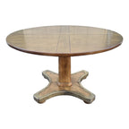 1960s Henredon Round Oak Pedestal Game Table With Brass Accents