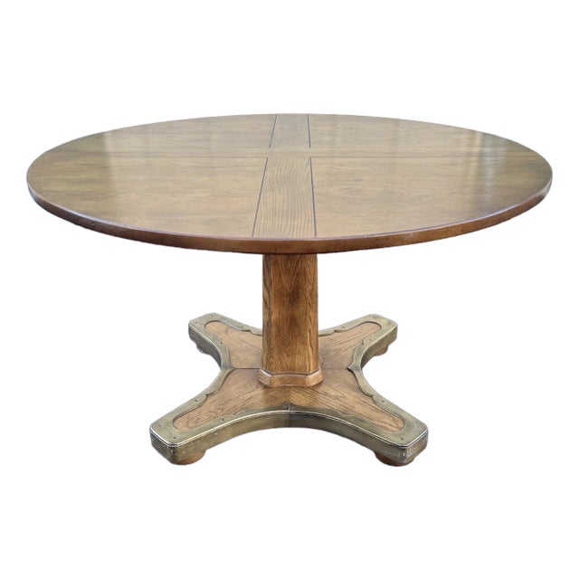 1960s Henredon Round Oak Pedestal Game Table With Brass Accents