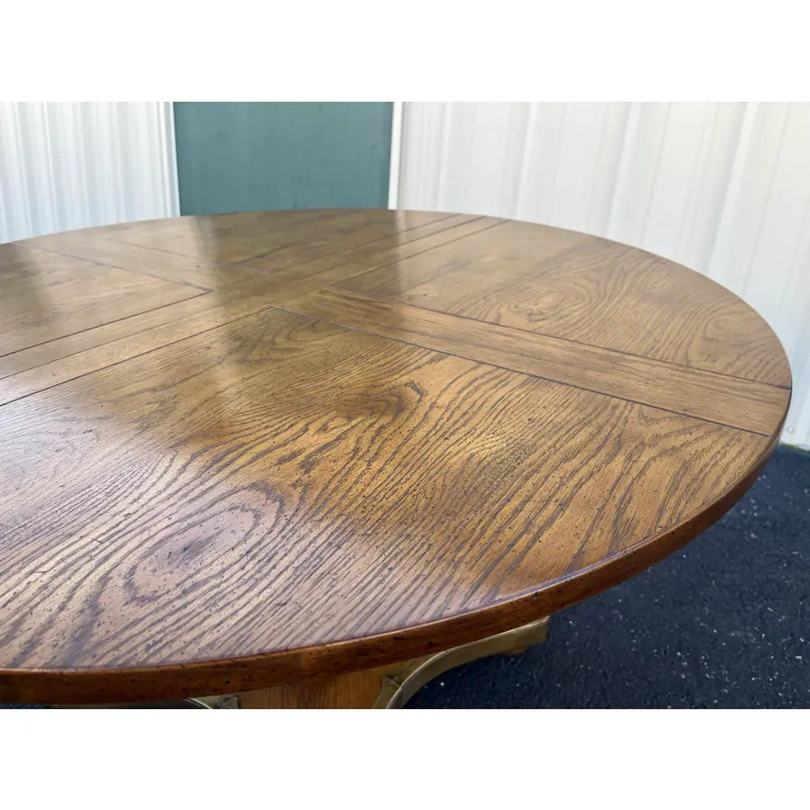 1960s Henredon Round Oak Pedestal Game Table With Brass Accents
