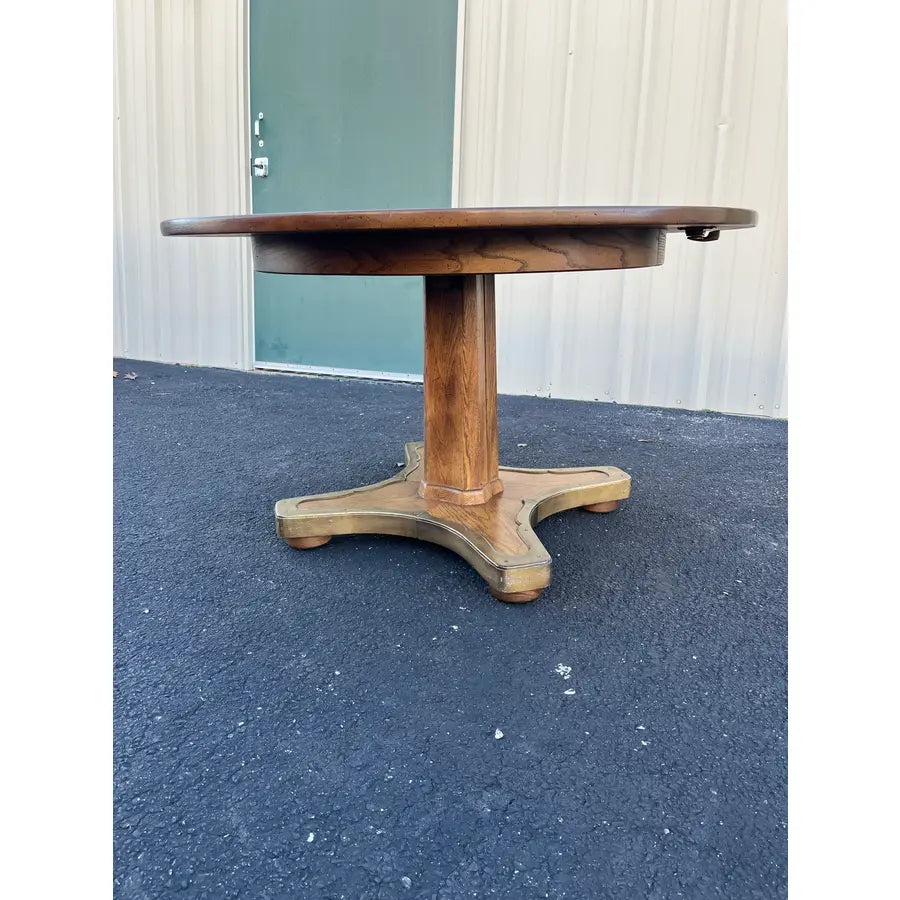 1960s Henredon Round Oak Pedestal Game Table With Brass Accents