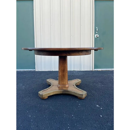 1960s Henredon Round Oak Pedestal Game Table With Brass Accents