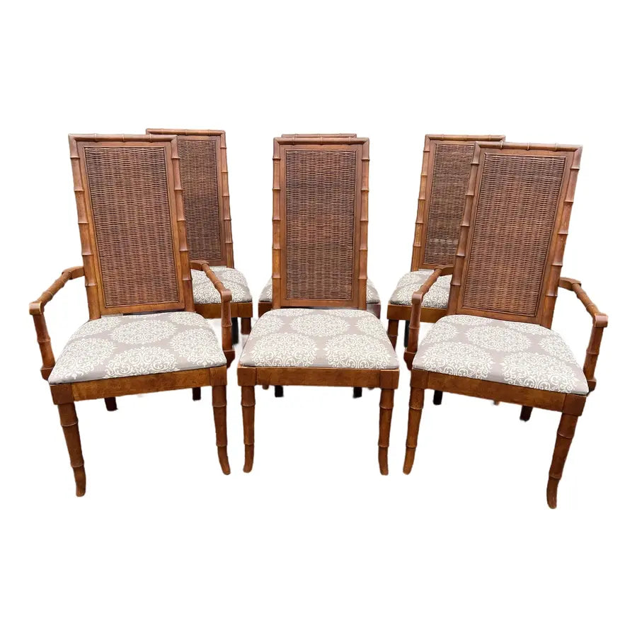 1970s American of Martinsville Faux Bamboo and Rattan Dining Chairs- Set of 6
