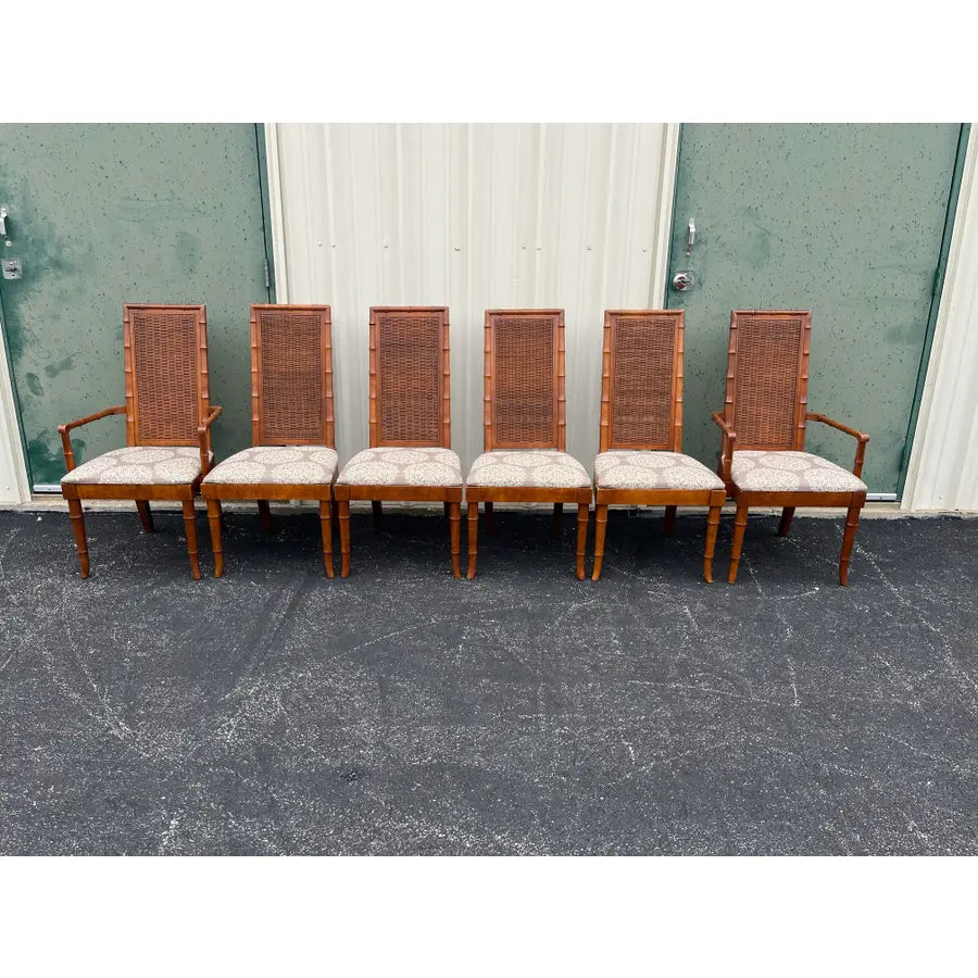 1970s American of Martinsville Faux Bamboo and Rattan Dining Chairs- Set of 6
