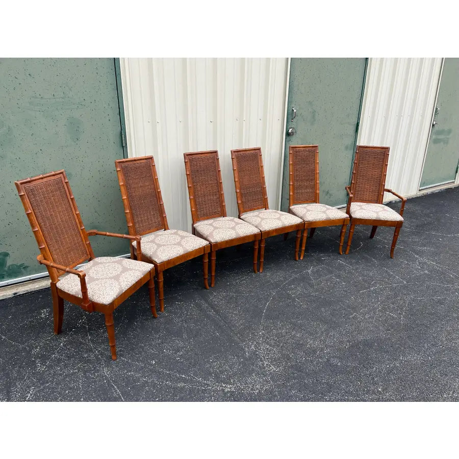 1970s American of Martinsville Faux Bamboo and Rattan Dining Chairs- Set of 6