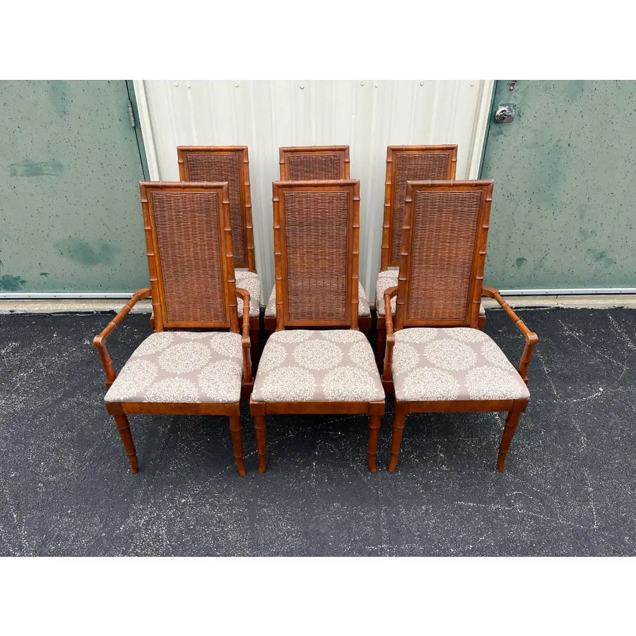 1970s American of Martinsville Faux Bamboo and Rattan Dining Chairs- Set of 6