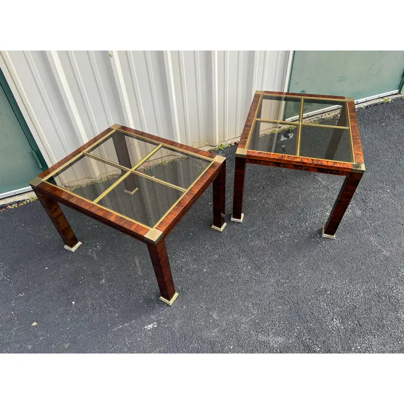 1970s Faux Tortoiseshell Smoked Glass and Brass Side Tables- A Pair