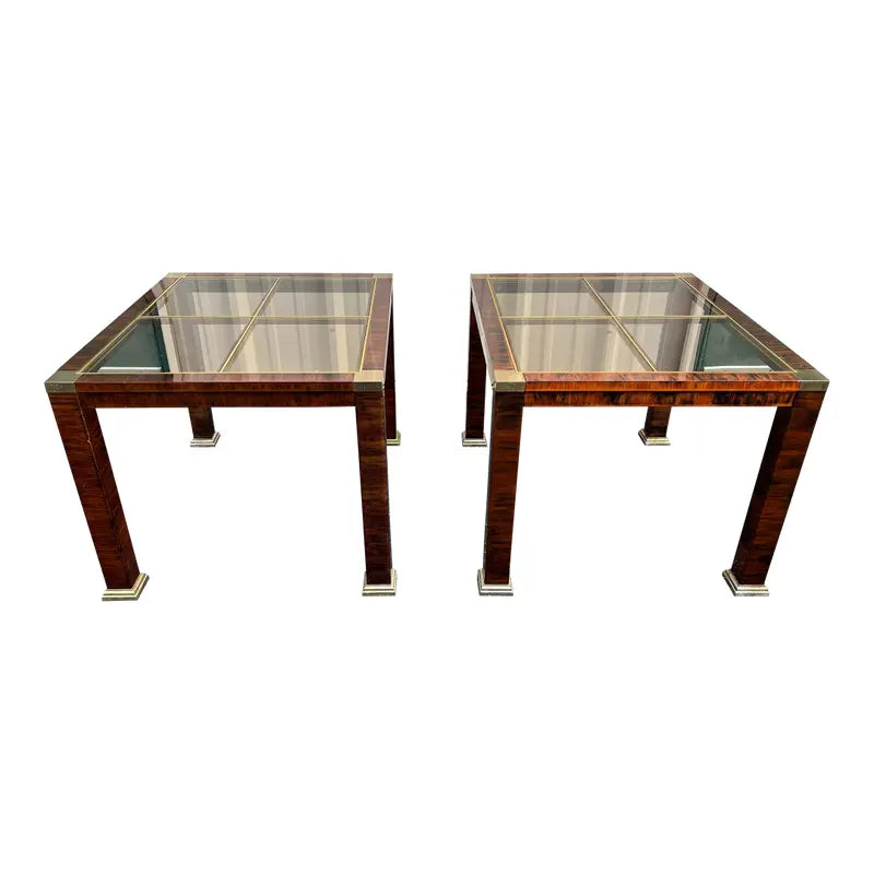 1970s Faux Tortoiseshell Smoked Glass and Brass Side Tables- A Pair