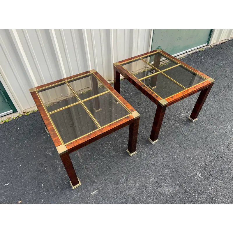 1970s Faux Tortoiseshell Smoked Glass and Brass Side Tables- A Pair