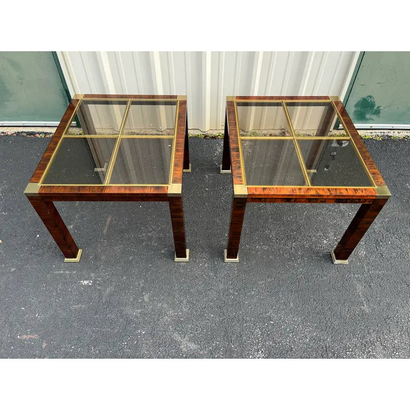 1970s Faux Tortoiseshell Smoked Glass and Brass Side Tables- A Pair