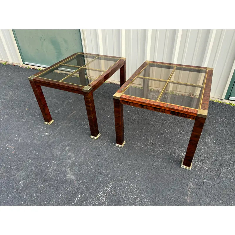 1970s Faux Tortoiseshell Smoked Glass and Brass Side Tables- A Pair