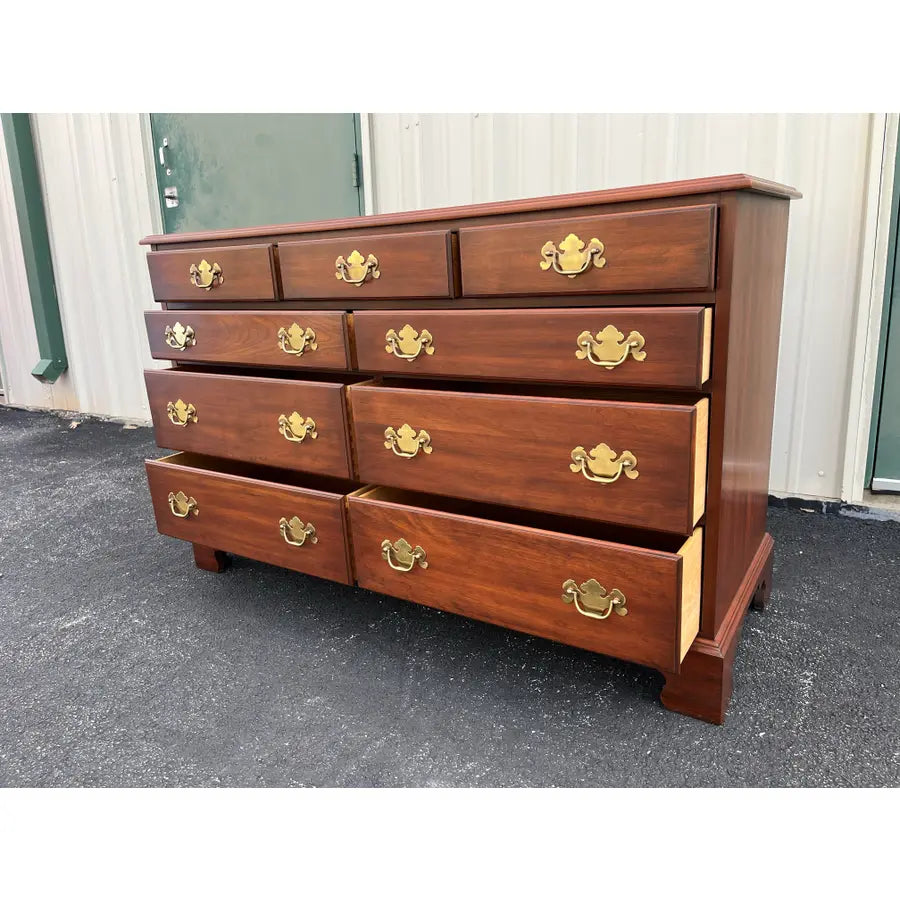 1970s Henkel Harris Solid Black Cherry Chippendale 9-Drawer Dresser