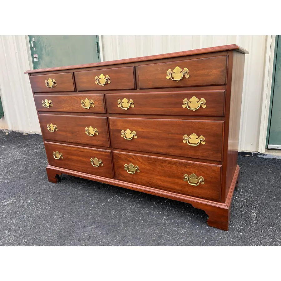 1970s Henkel Harris Solid Black Cherry Chippendale 9-Drawer Dresser