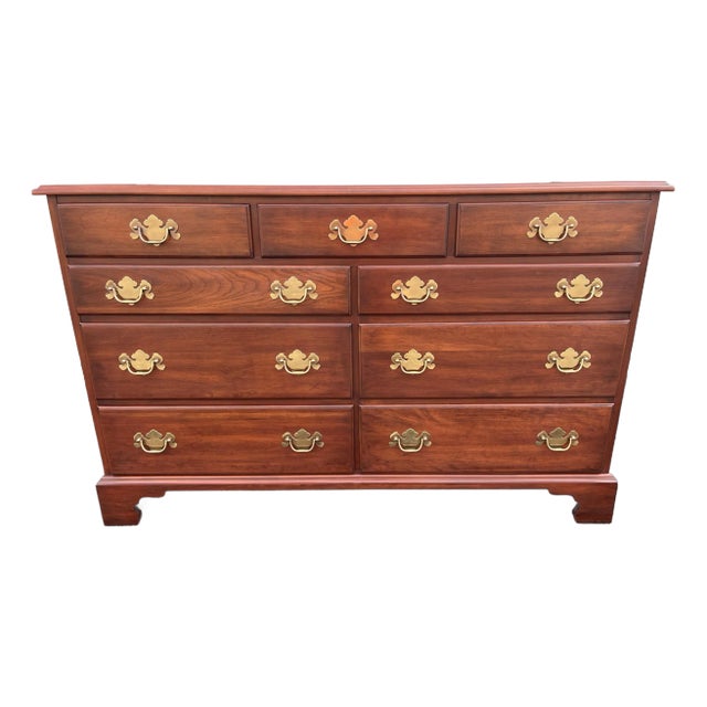 1970s Henkel Harris Solid Black Cherry Chippendale 9-Drawer Dresser