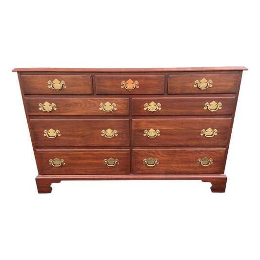 1970s Henkel Harris Solid Black Cherry Chippendale 9-Drawer Dresser
