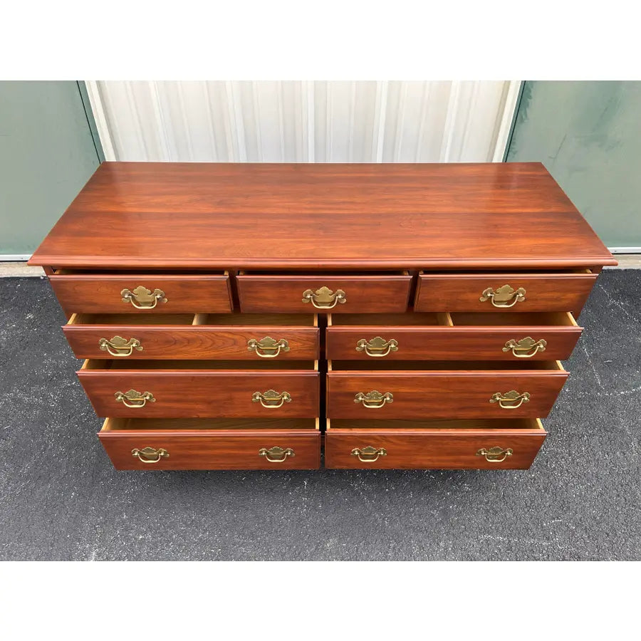 1970s Henkel Harris Solid Black Cherry Chippendale 9-Drawer Dresser