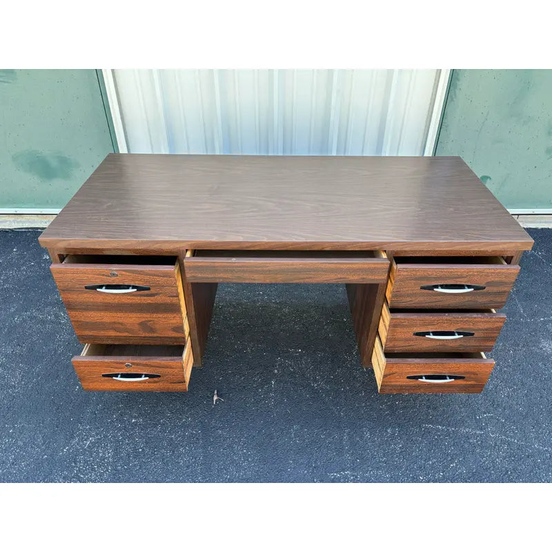 1970s Mid-Century Modern Walnut Kneehole Tanker Desk