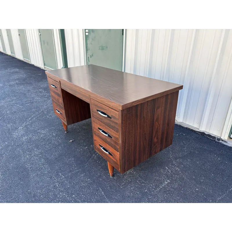 1970s Mid-Century Modern Walnut Kneehole Tanker Desk