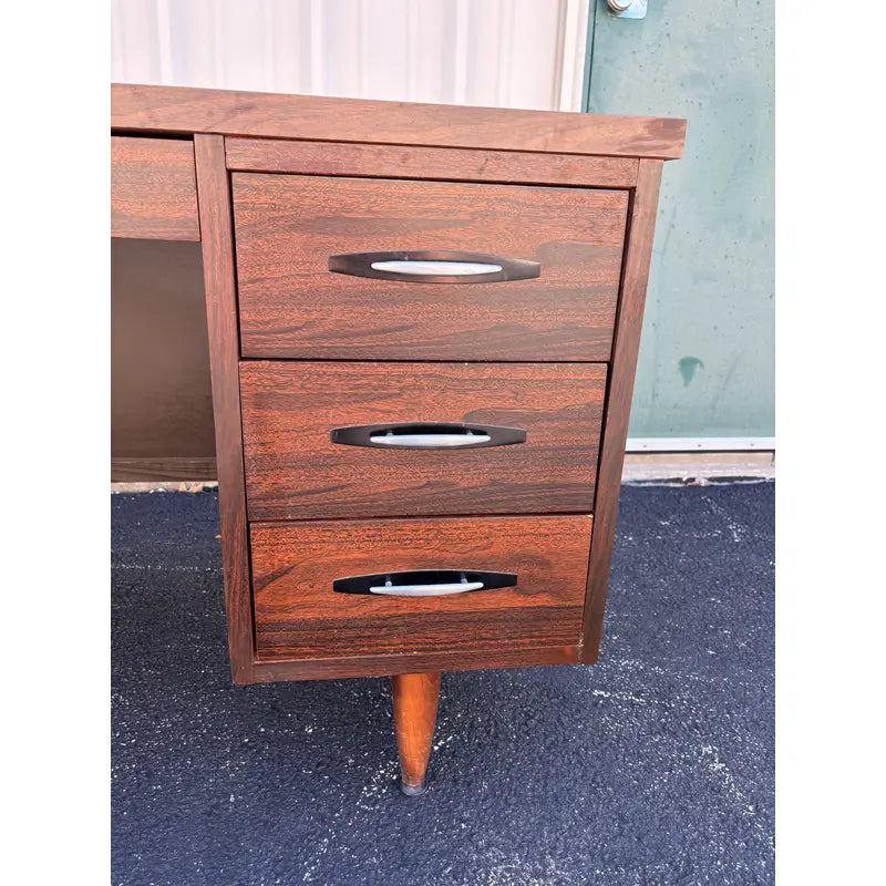 1970s Mid-Century Modern Walnut Kneehole Tanker Desk