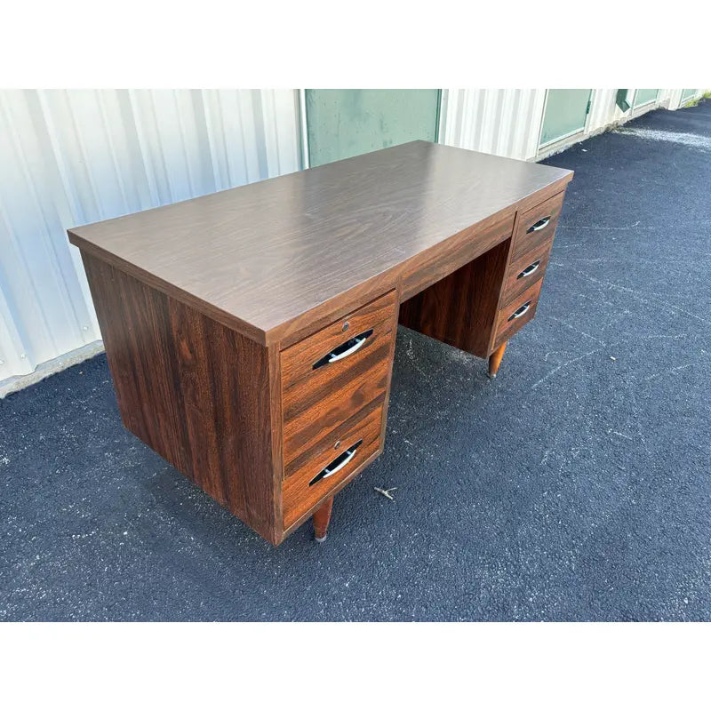 1970s Mid-Century Modern Walnut Kneehole Tanker Desk